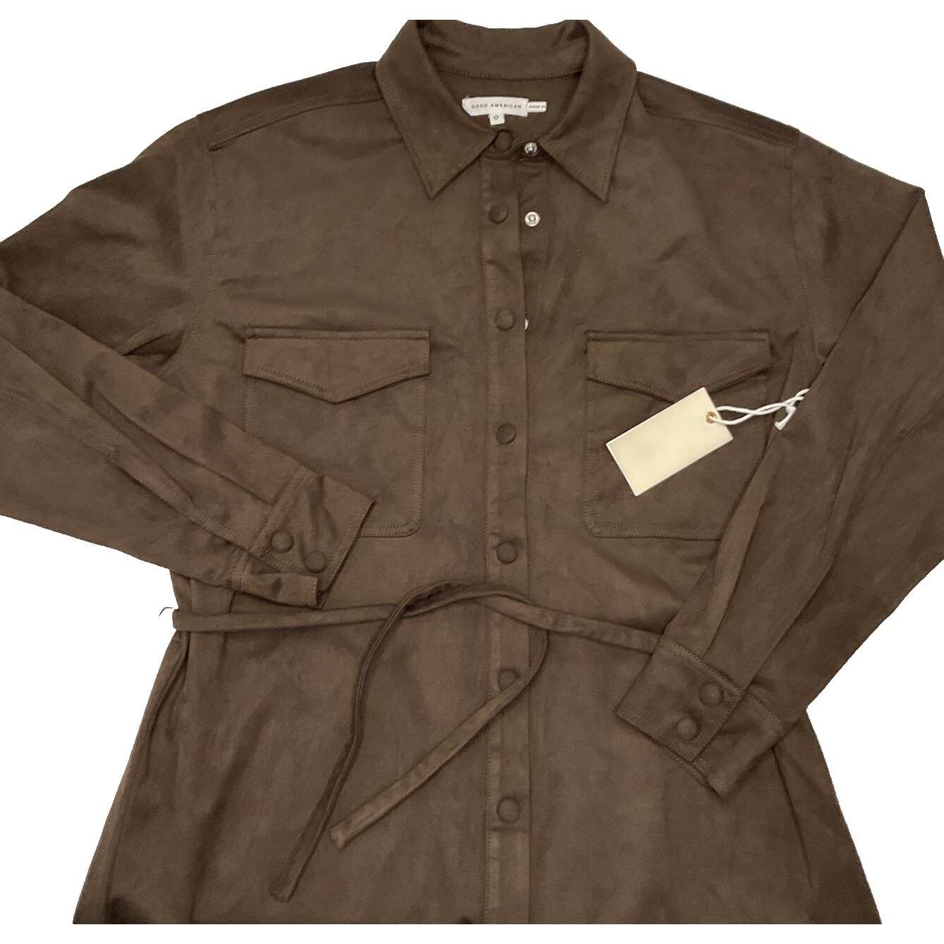 Good American Jacket Vegan Suede Belted Shacket Snap Button Brown Women Sz 0 Nwt